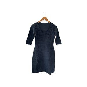 Jill McGowan Sheath Dress Small S Blue Textured Pleated 3/4 Sleeve Cotton